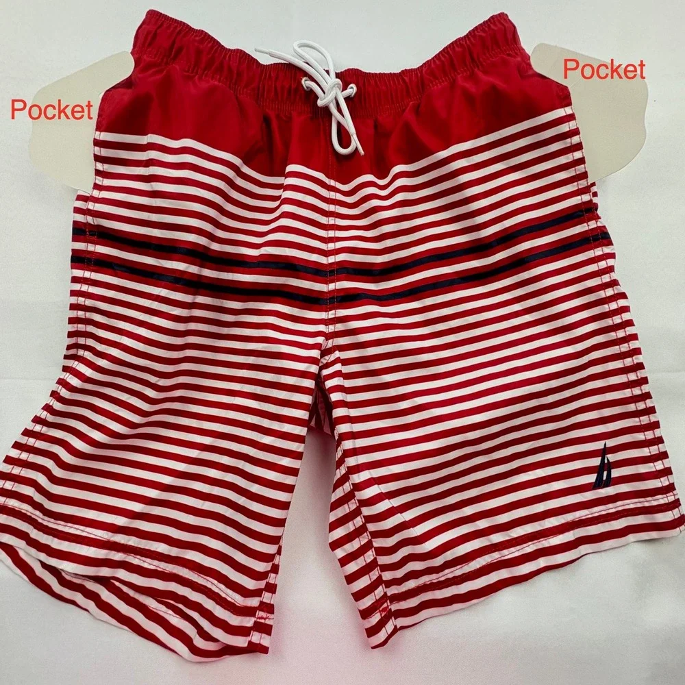 Nautica Mens‎ M Swim Trunks RWB Stripe Quick Dry Board Shorts Beachwear Pockets